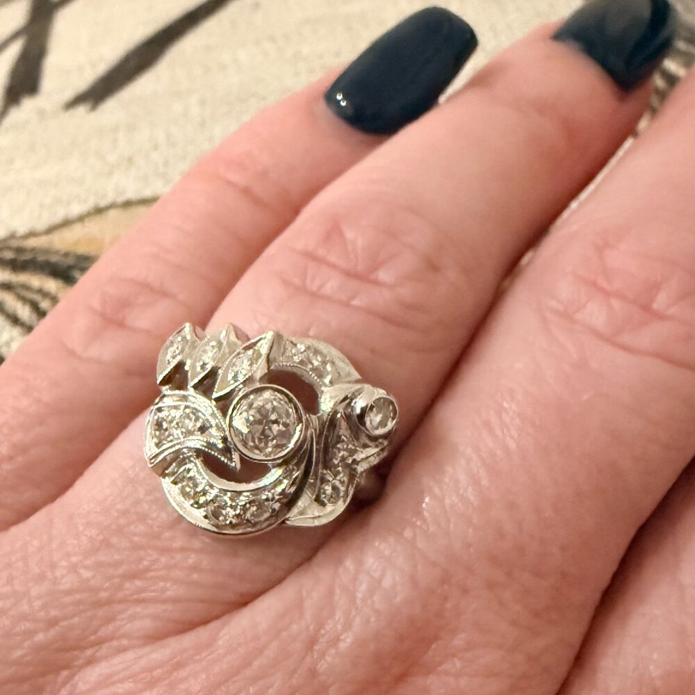 *SOLD* 14K Art Deco Diamond Ring Solid White Gold 4g Size 6